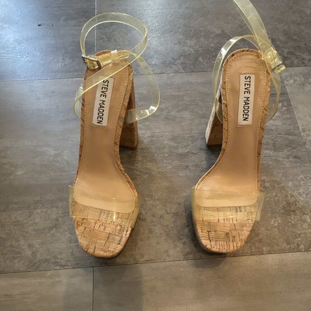 Steve Madden Strappy Ankle Strap Open Toe Buckle Cork Clear/Beige 6M - Picture 2 of 4